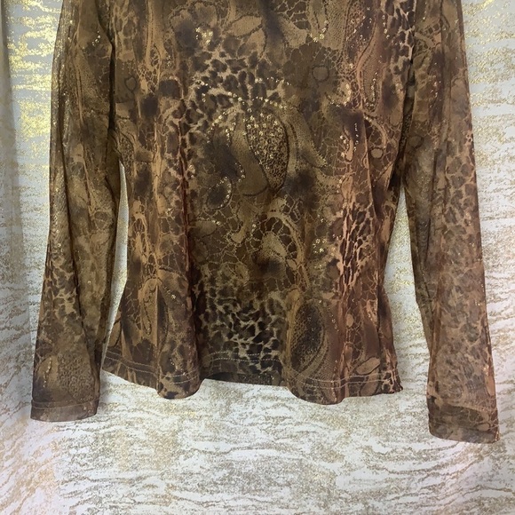 Script Brown Floral Glittery Print Long Sleeve Semi-Sheer blouse - Picture 4 of 10